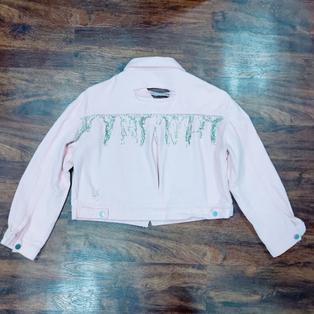 Veveret Cowboy Carter Prairie Coachella Crop Distressed Fringe Jacket Pink Small - Picture 4 of 13